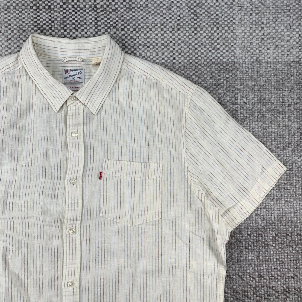 Levi's Button Up Shirt Mens XL Cream Multi Pinstripe Linen Blend Sunset Pocket